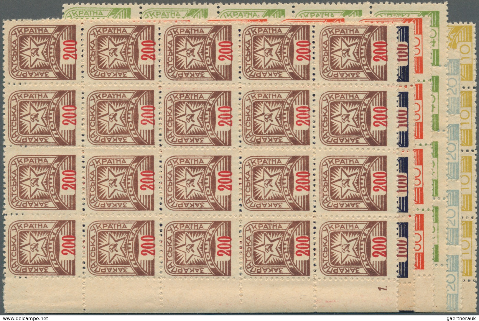 Karpaten-Ukraine: 1945, Sowjet Star Definitives Complete Set Of Six In Blocks/20, MNH With Typical U - Ukraine