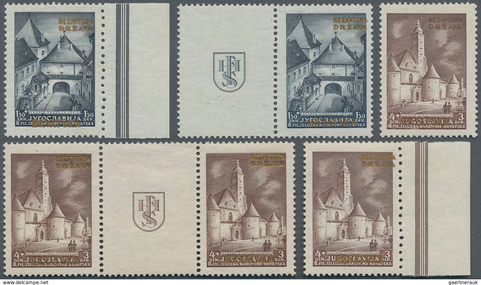 Kroatien: 1941, 1.50 Din. + 1.50 Din. And 4 Din. + 3 Din. Exhibition Stamps With Gold Imprint In Dif - Croazia