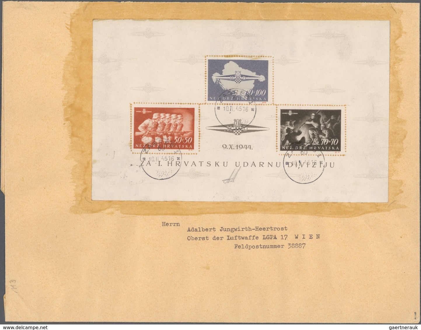 Kroatien: 1945, Storm-division-block On Airmail Cover Sent To The Colonel Of The Air Force Adalbert - Kroatië