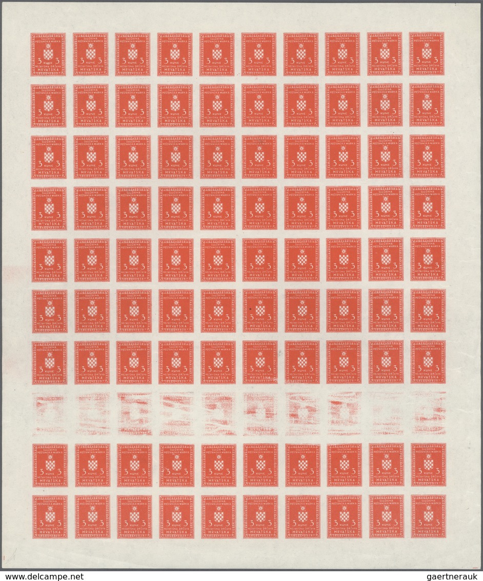 Kroatien - Dienstmarken: 1942, 3 Kuna Unperforated, 2 Complete Sheets With Once Print Loss In The 8t - Croazia