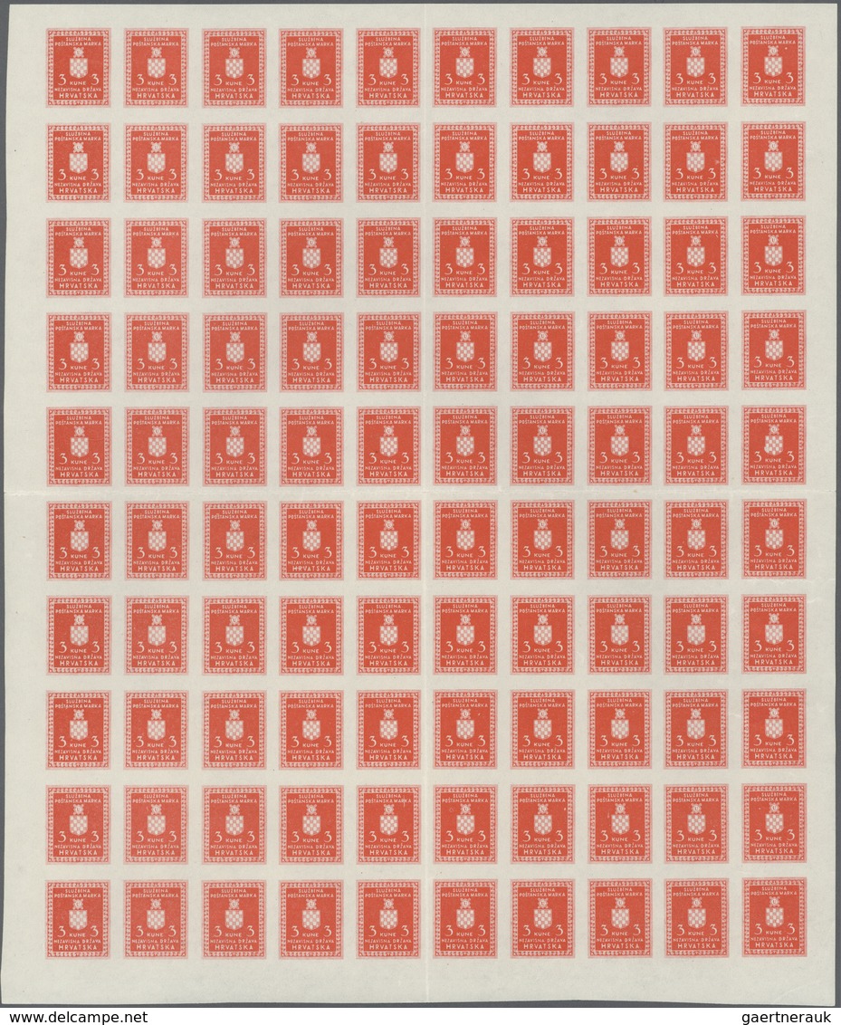 Kroatien - Dienstmarken: 1942, 3 Kuna Unperforated, 2 Complete Sheets With Once Print Loss In The 8t - Kroatië