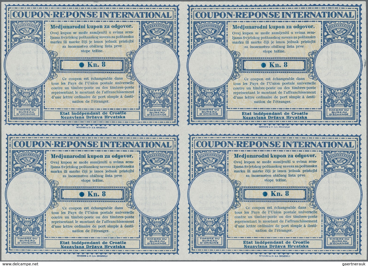 Kroatien - Ganzsachen: 1941. International Reply Coupon Kn 8 (London Type) In An Unused Block Of 4. - Croazia