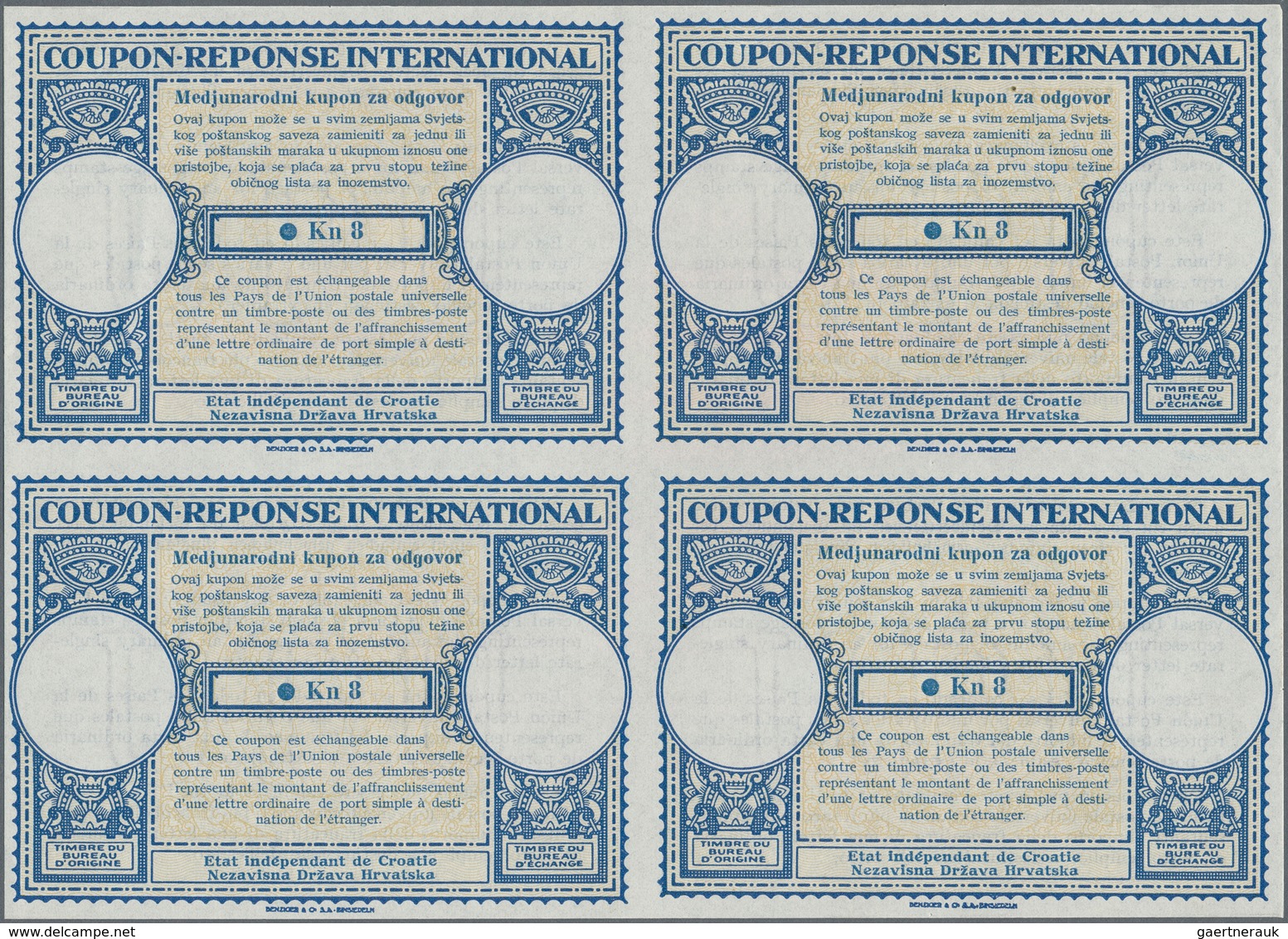 Kroatien - Ganzsachen: 1943. International Reply Coupon Kn 8 (London Type) In An Unused Block Of 4. - Kroatië