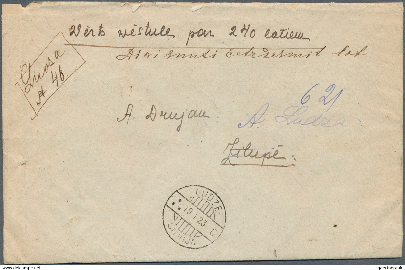 Lettland: 1923, 127rbl. Franking (=2.54lat.) On Reverse Of Insured Letter 240lat./10gr. From "LUDZE - Letland