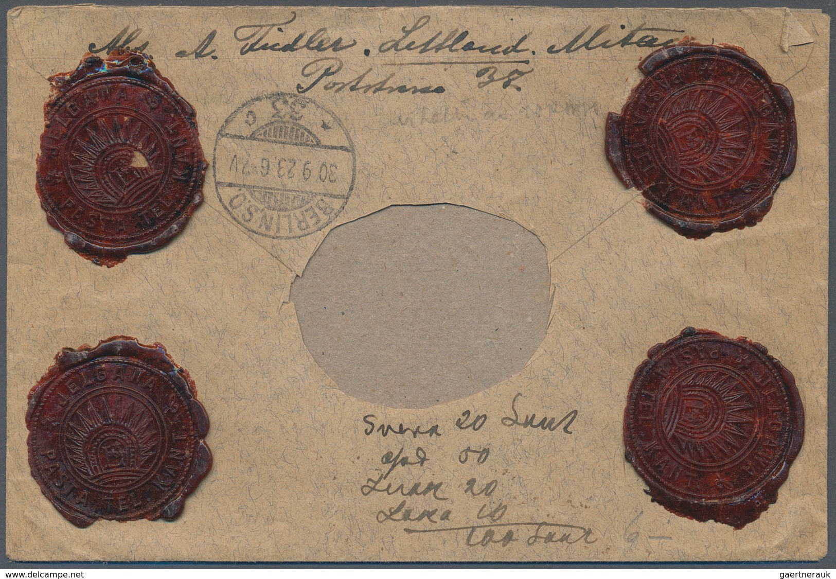 Lettland: 1922 50 Rouble Tied By "JELGAWA LATVIJA 25.9.23" Cds As Sigle Franking On VALUE DECLARED C - Lettonia