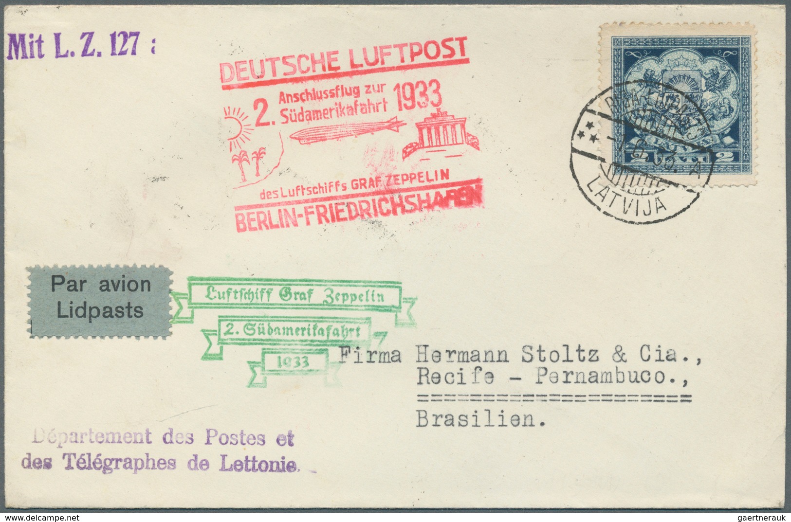 Lettland: 1933, 2 L. Coat Of Arms On Zeppelin Cover To 2nd Yourney To South America 1933 With Confir - Letland