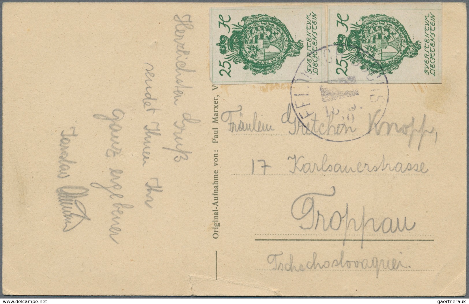 Liechtenstein: 1920, 2 X 25 H Dkl'grün, Portogerechte MeF Auf AK "Gruss Aus Nendeln" Mit Bahnpostste - Covers & Documents