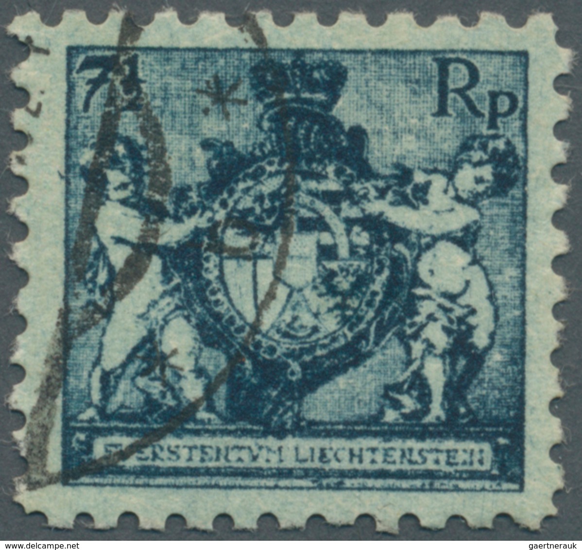 Liechtenstein: 1921, Landeswappen 7½ Rp. Schwarzblau In Der Seltenen Zähnung 9½ Mit Teilstempel Von - Storia Postale