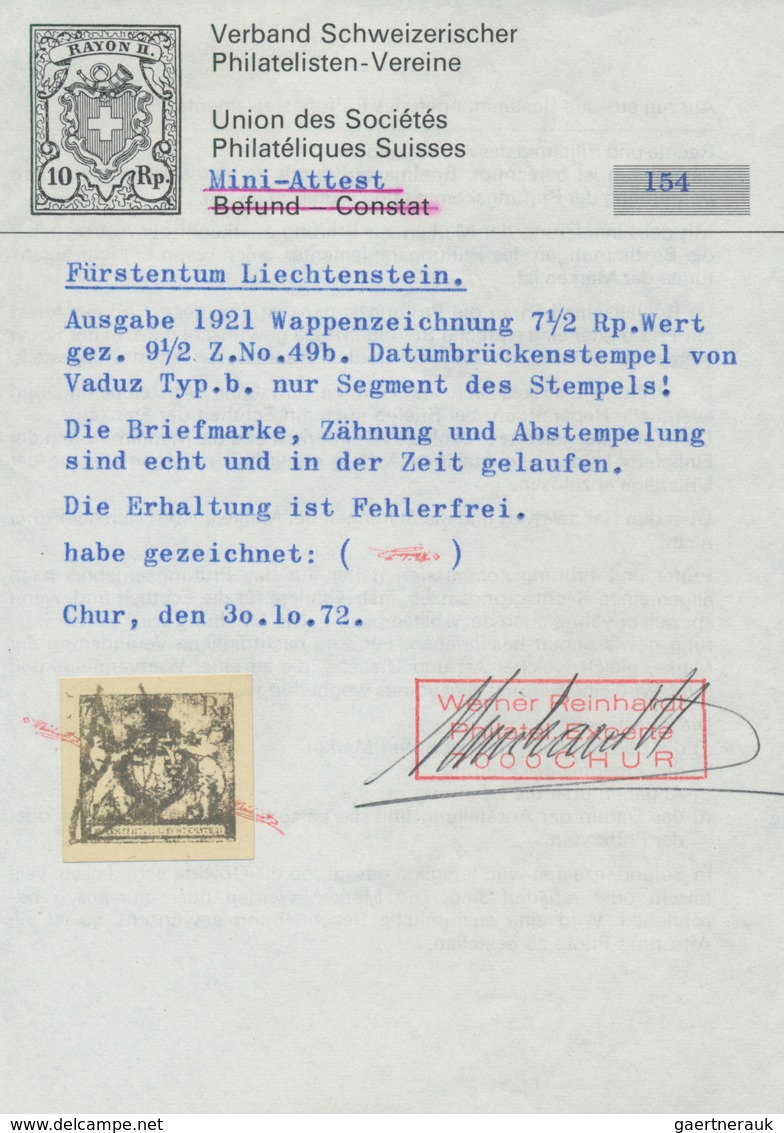 Liechtenstein: 1921, Landeswappen 7½ Rp. Schwarzblau In Der Seltenen Zähnung 9½ Mit Teilstempel Von - Brieven En Documenten