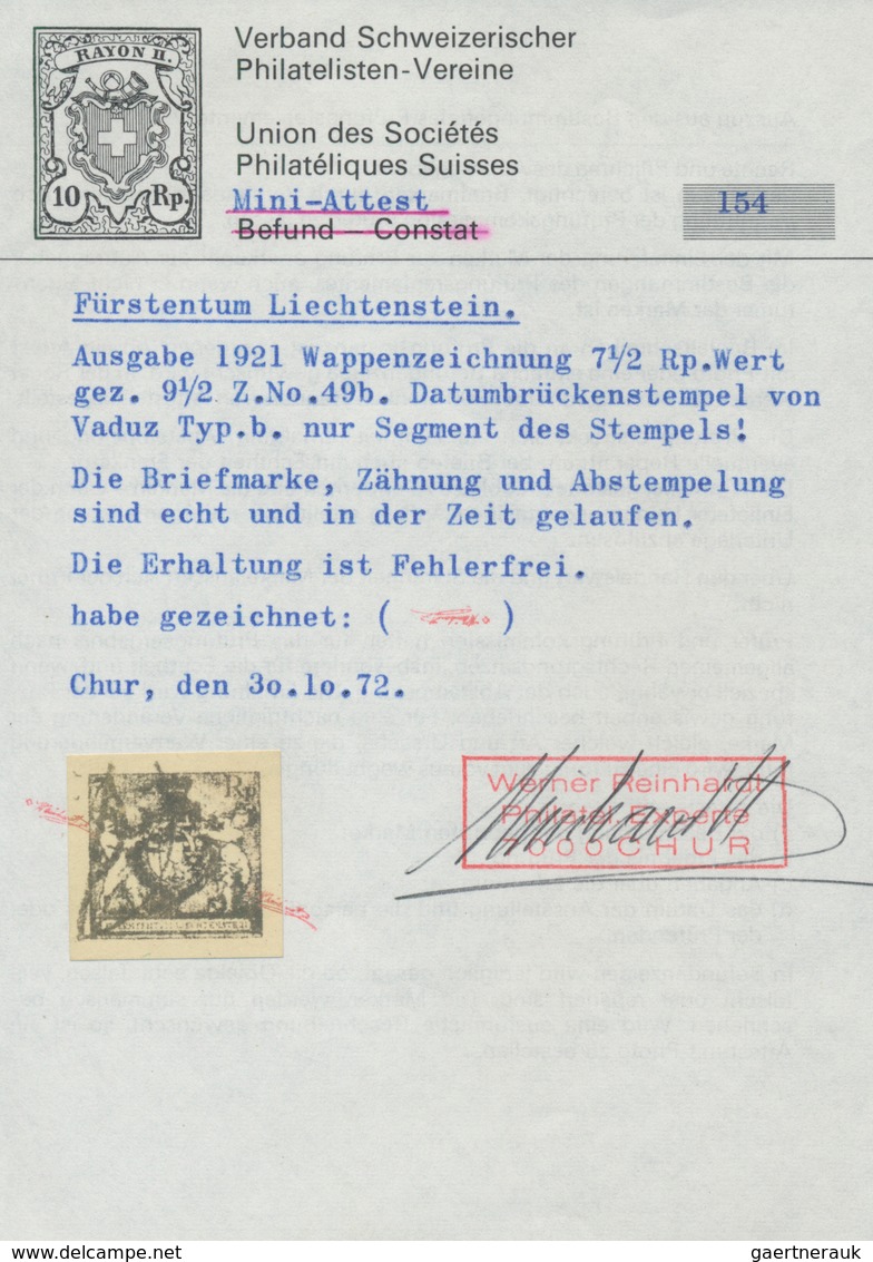 Liechtenstein: 1921, Landeswappen 7½ Rp. Schwarzblau In Der Seltenen Zähnung 9½ Mit Teilstempel Von - Covers & Documents