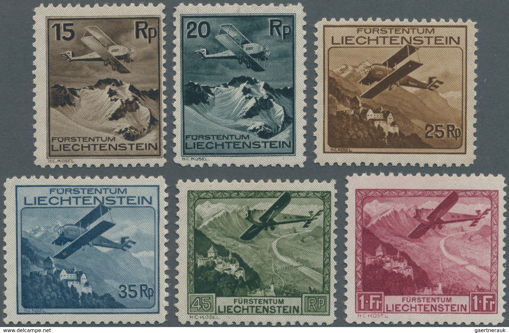 Liechtenstein: 1930, Flugpostmarken ‚Flugzeug über Landschaften‘ Kompletter Satz Postfrisch Und Sign - Storia Postale