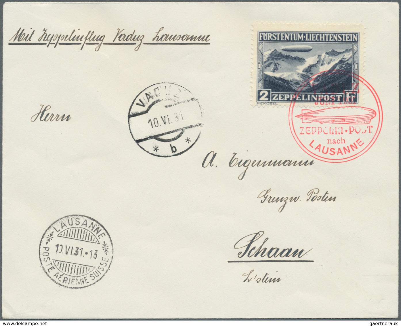 Liechtenstein: 1931, Fahrt Vaduz-Lausanne, Brief Mit FL 2 Fr. Zeppelin Und Allen Stempeln Vs. Nach " - Covers & Documents