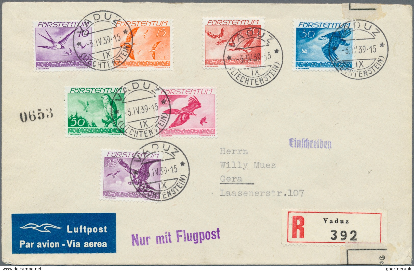 Liechtenstein: 1939, Flugpost Vögel, Kompletter Satz Auf Einschreibe-Luftpost-FDC Von VADUZ, 3.IV.39 - Storia Postale