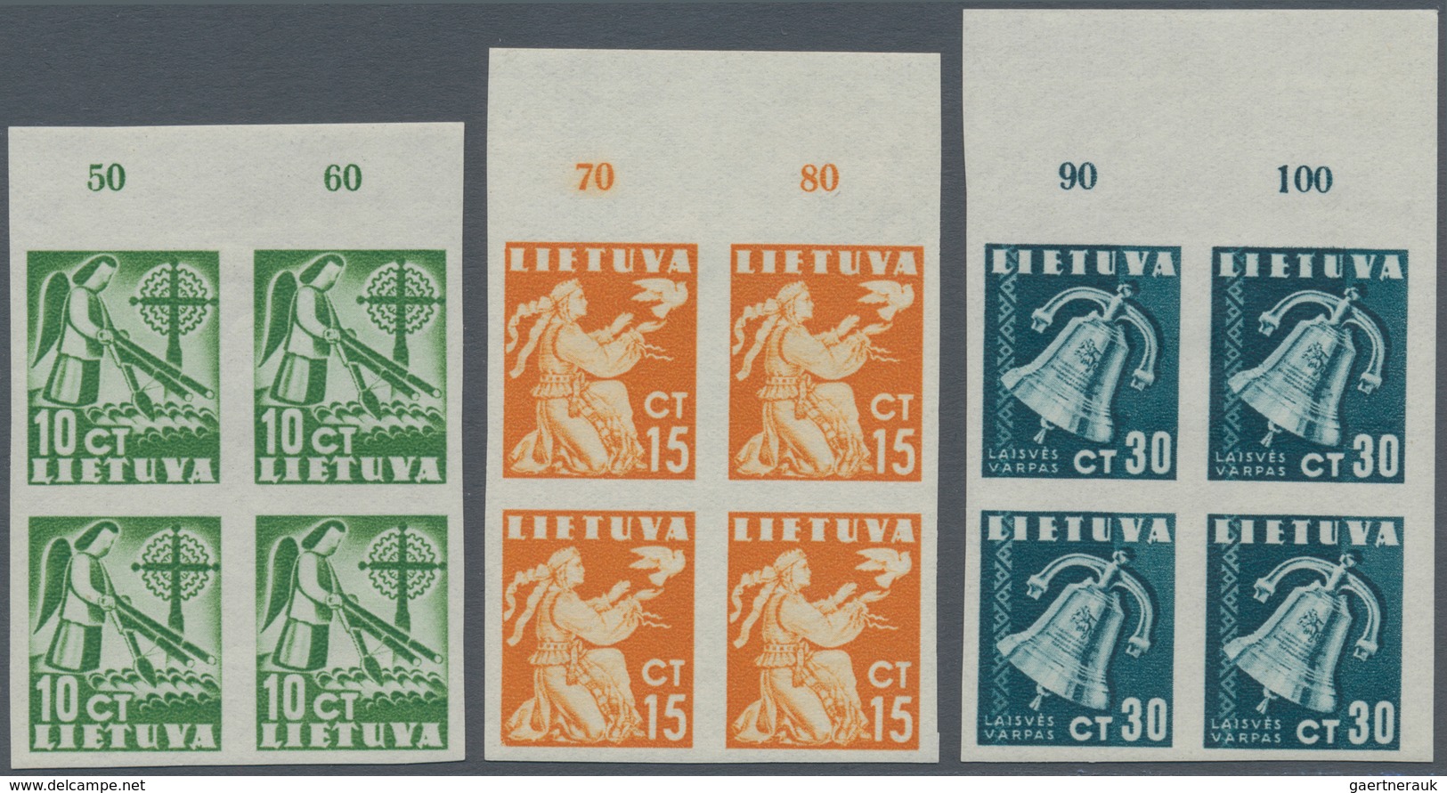 Litauen: 1940, 10,15 And 30 Ct. Of The Peace Issue In Imperforated Blocks Of Four From Upper Margin. - Lituania