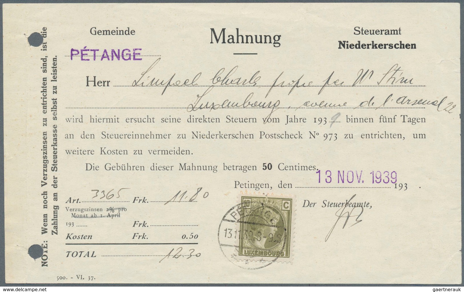 Luxemburg: 1926, 10 C Olive-green Charlotte, Single Franking On Reminder Form In German Language Fro - Brieven En Documenten