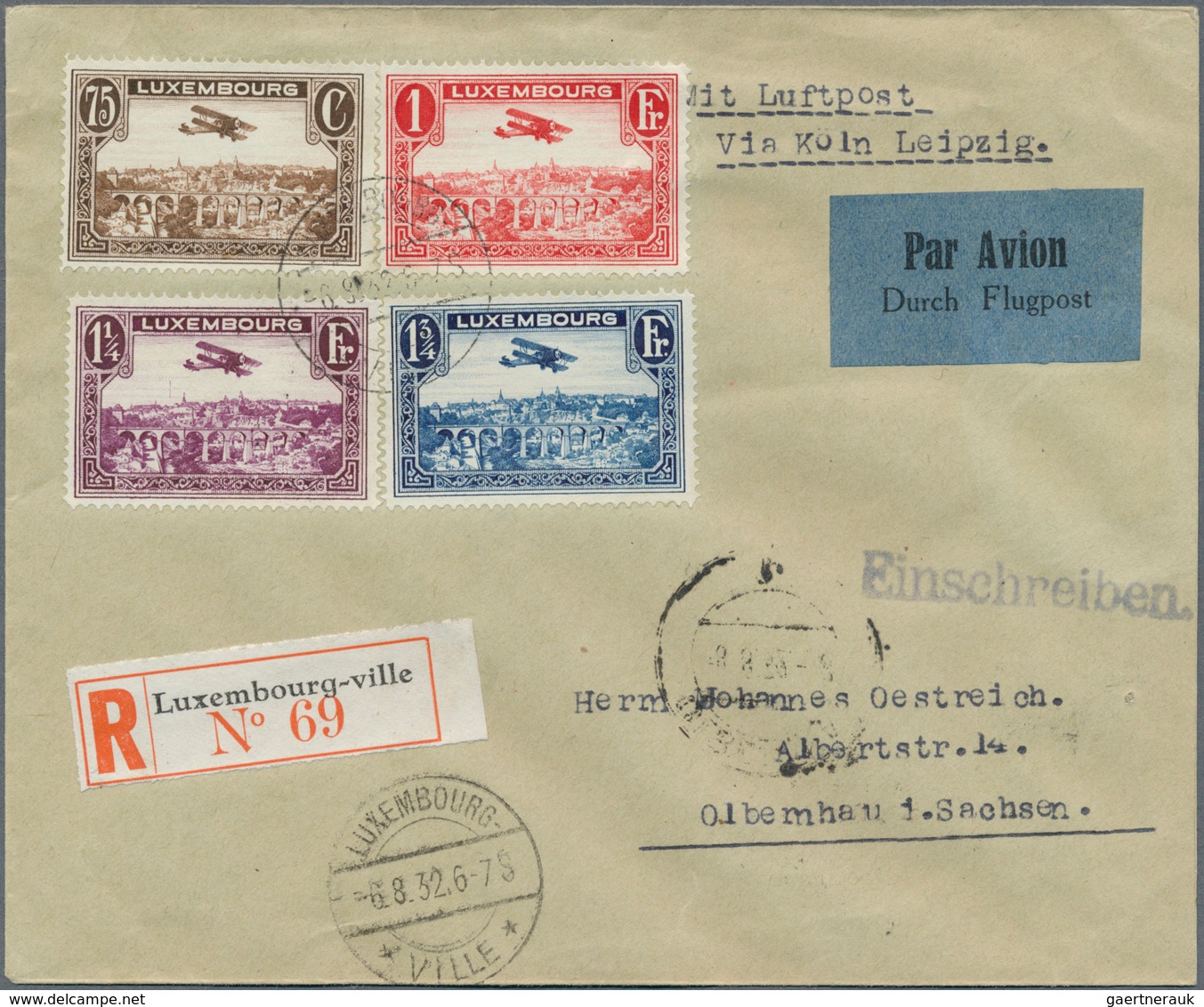 Luxemburg: 1932, Complete Set "Breguet Biplane" On Registered Cover From Luxembourg-Ville, 6.8.32, W - Brieven En Documenten