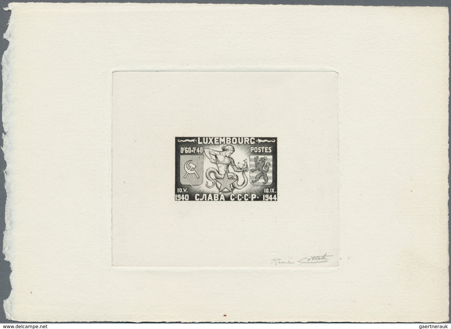 Luxemburg: 1945. Epreuve D'artiste Signée In Black For 1.20f+1.80f Value Of The Set "To Honor The Al - Storia Postale