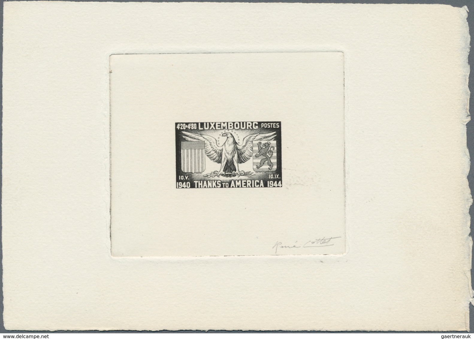 Luxemburg: 1945. Epreuve D'artiste Signée In Black For 4.20f+4.80f Value Of The Set "To Honor The Al - Storia Postale