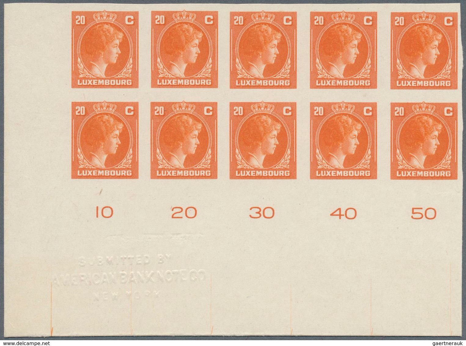 Luxemburg: 1944: Granduchess Charlotte, 20 C Orange, Imperforated Proof On Carton, Block Of Ten From - Brieven En Documenten