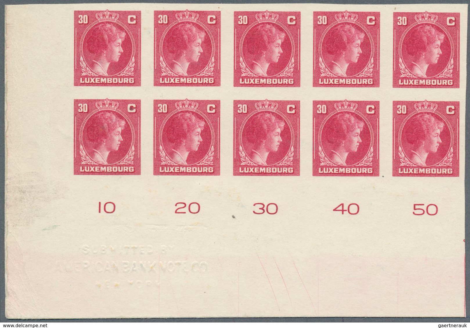 Luxemburg: 1944: Granduchess Charlotte, 30 C Carmine, Imperforated Proof On Carton, Block Of Ten Fro - Covers & Documents