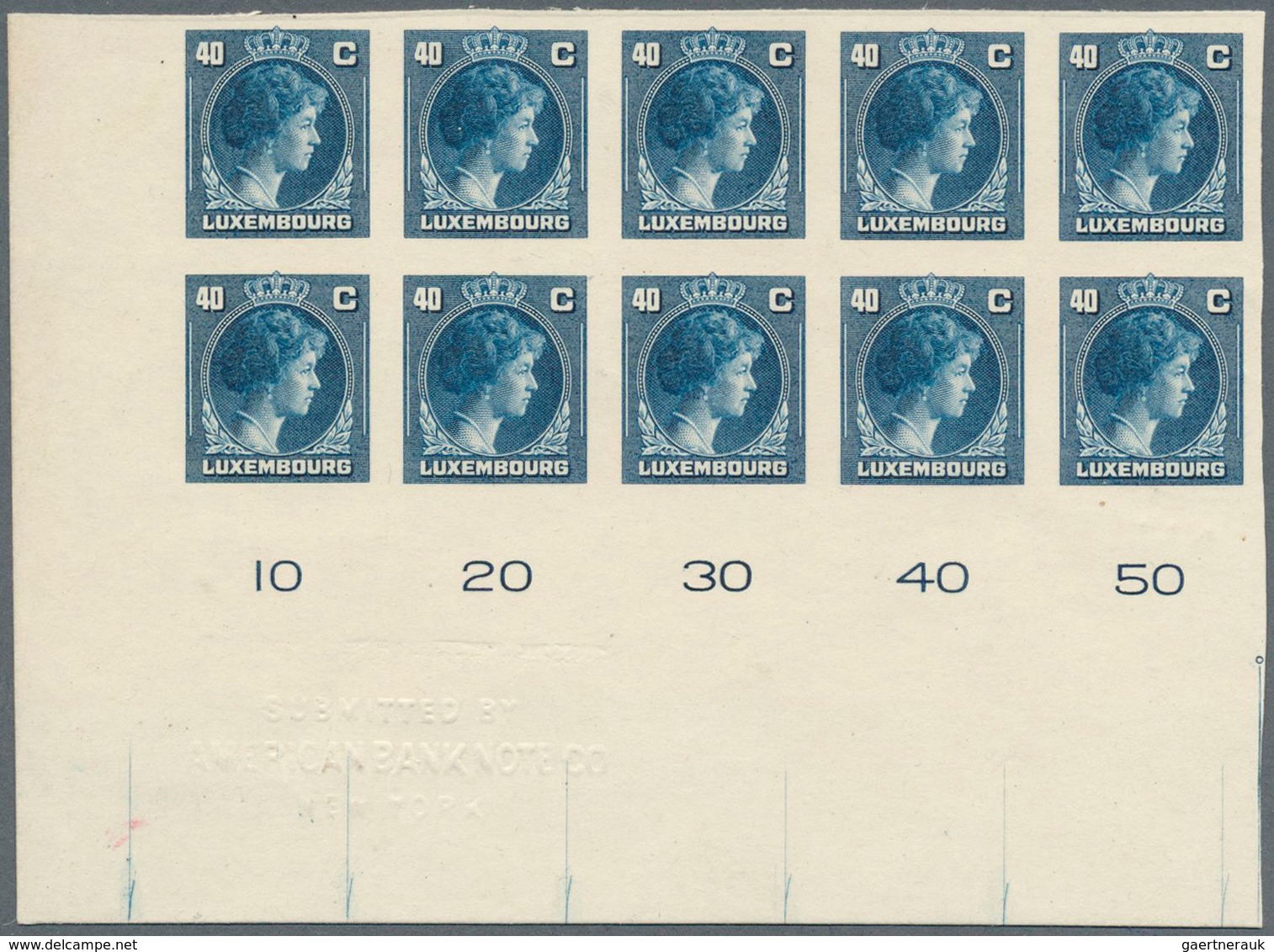 Luxemburg: 1944: Granduchess Charlotte, 40 C Blue, Imperforated Proof On Carton, Block Of Ten From T - Covers & Documents