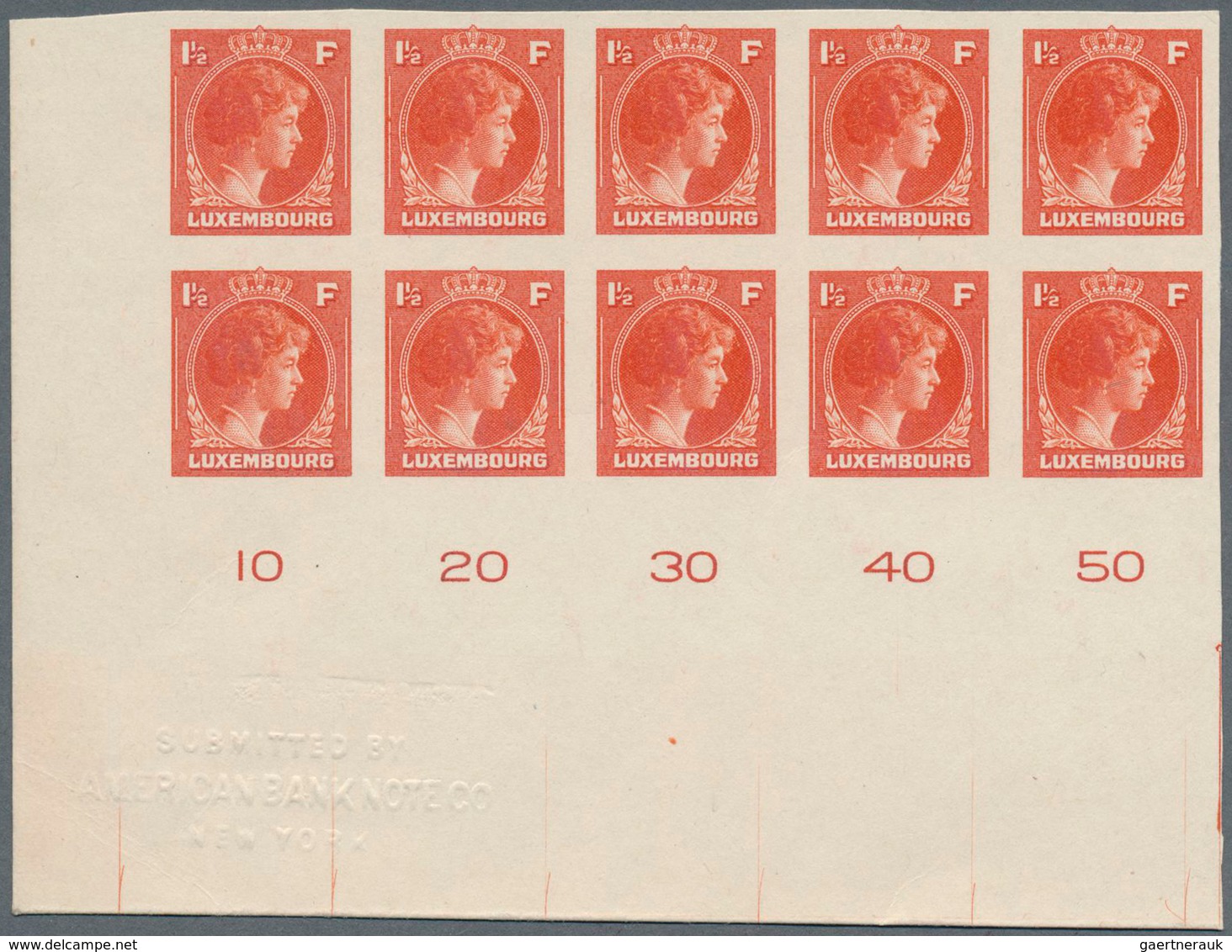 Luxemburg: 1944: Granduchess Charlotte, 1 1/2 F Vermillion, Imperforated Proof On Carton, Block Of T - Covers & Documents