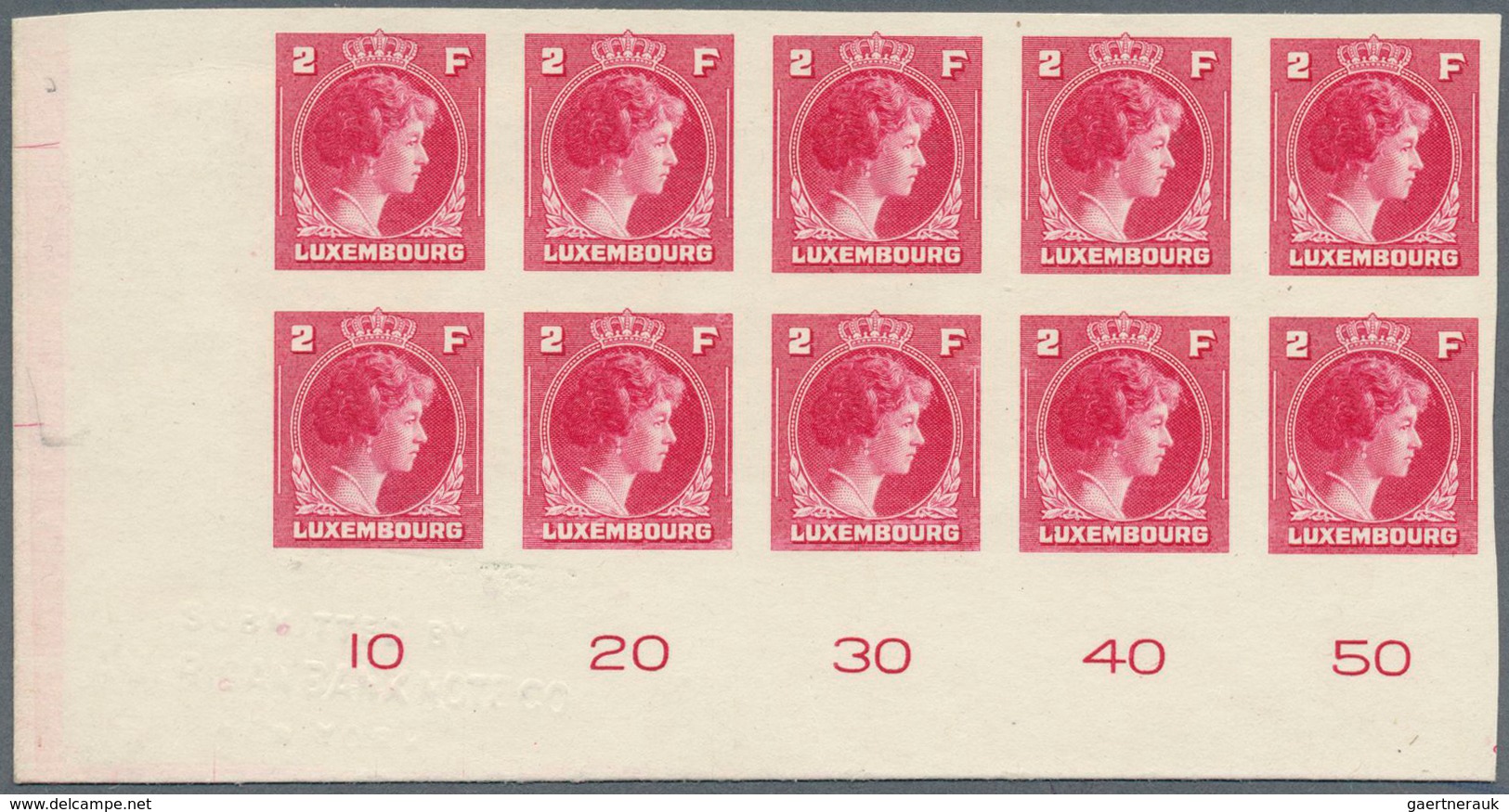 Luxemburg: 1944: Granduchess Charlotte, 2 F Carmine, Imperforated Proof On Carton, Block Of Ten From - Storia Postale