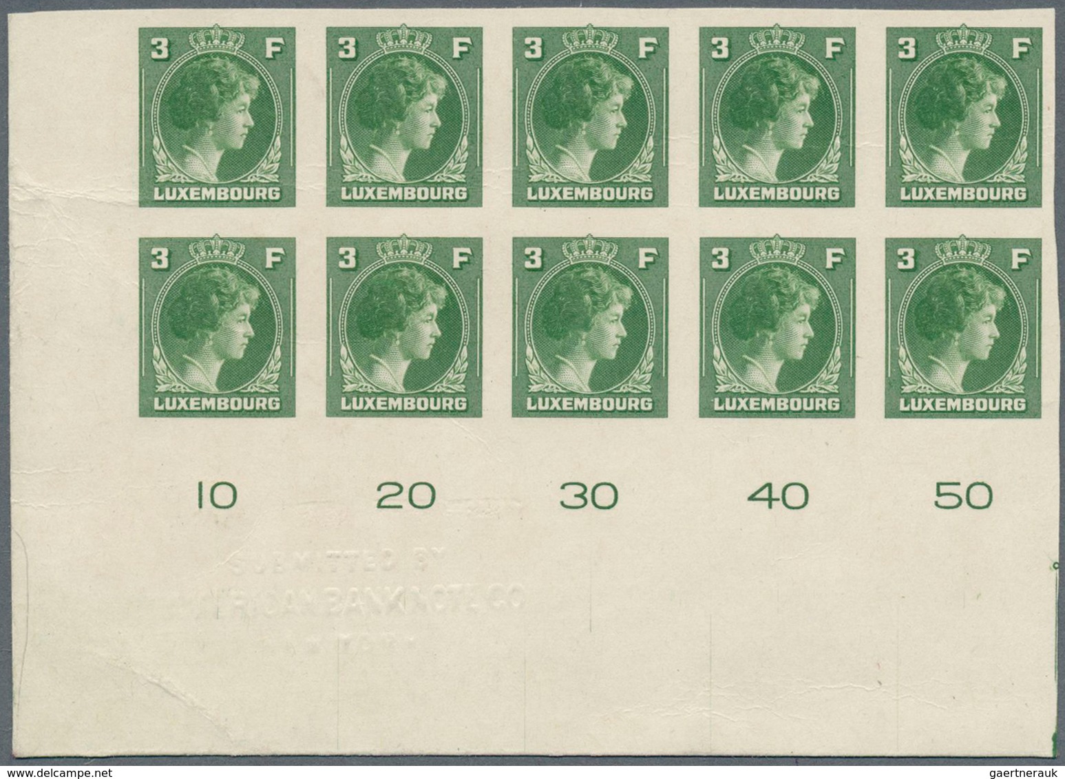 Luxemburg: 1944: Granduchess Charlotte, 3 F Green, Imperforated Proof On Carton, Block Of Ten From T - Storia Postale