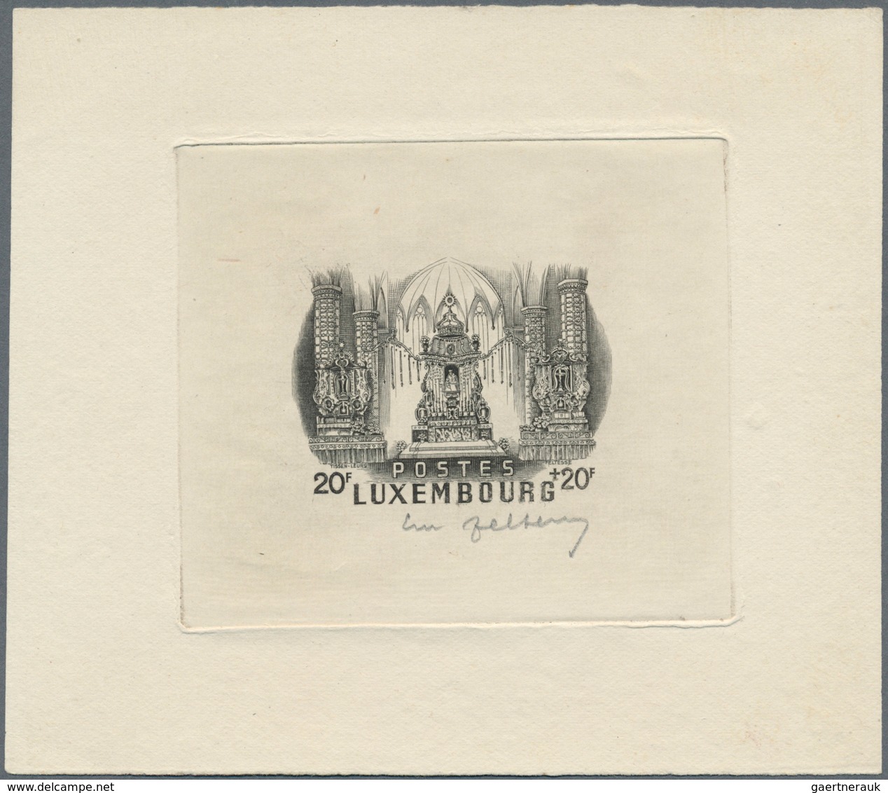 Luxemburg: 1945. Epreuve D'artiste Signée In Black For 20f+20f Value Of The Issue "Our Lady Of Lusem - Brieven En Documenten