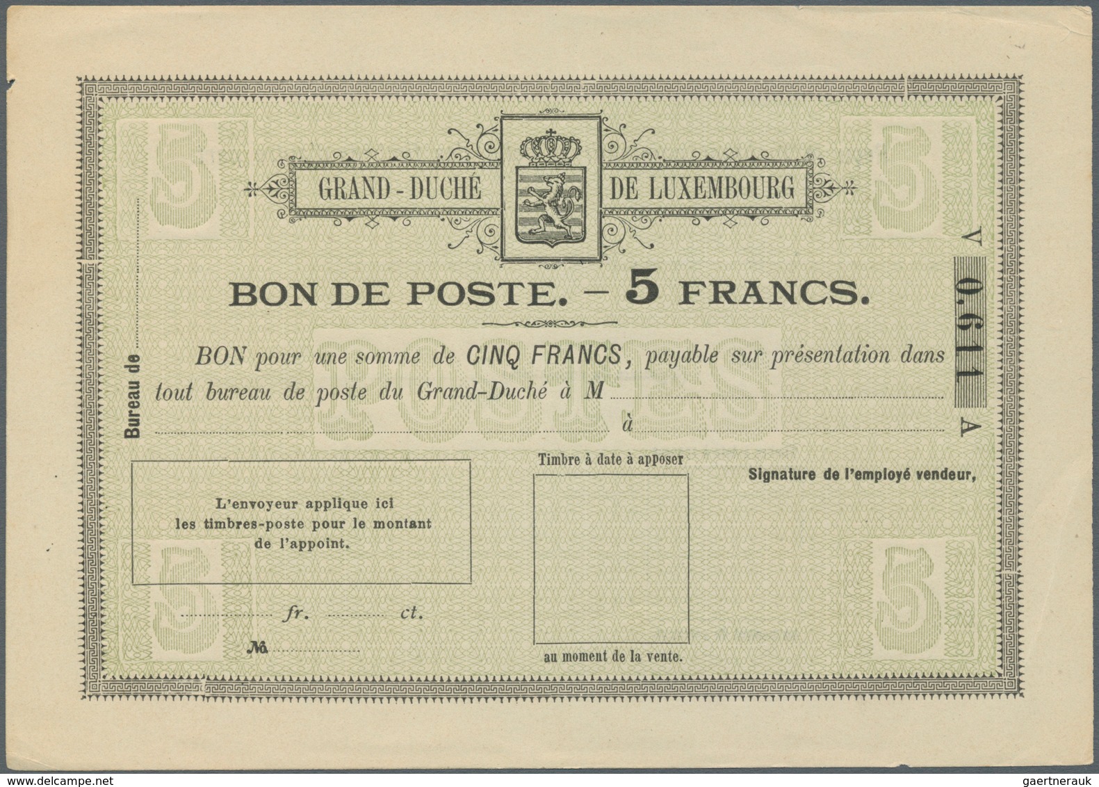 Luxemburg - Ganzsachen: 1884, 1 Fr. - 10 Fr. Bon De Poste, Complete Set With Ten Pieces, Unused, Mos - Postwaardestukken
