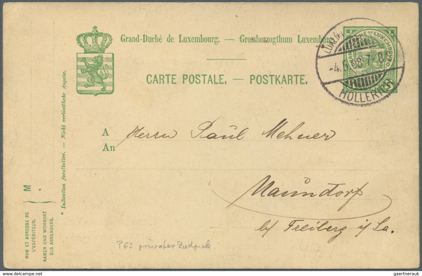 Luxemburg - Ganzsachen: 1907, 5 C. Green Card With Picture "Staatsbad Mondorf" On Reverse, Used From - Stamped Stationery