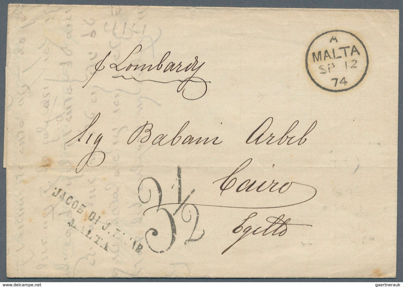 Malta: 1874. Stampless Envelope Written By 'Jacob Di J. Tajar' Addressed To Egypt Cancelled By Malta - Malta