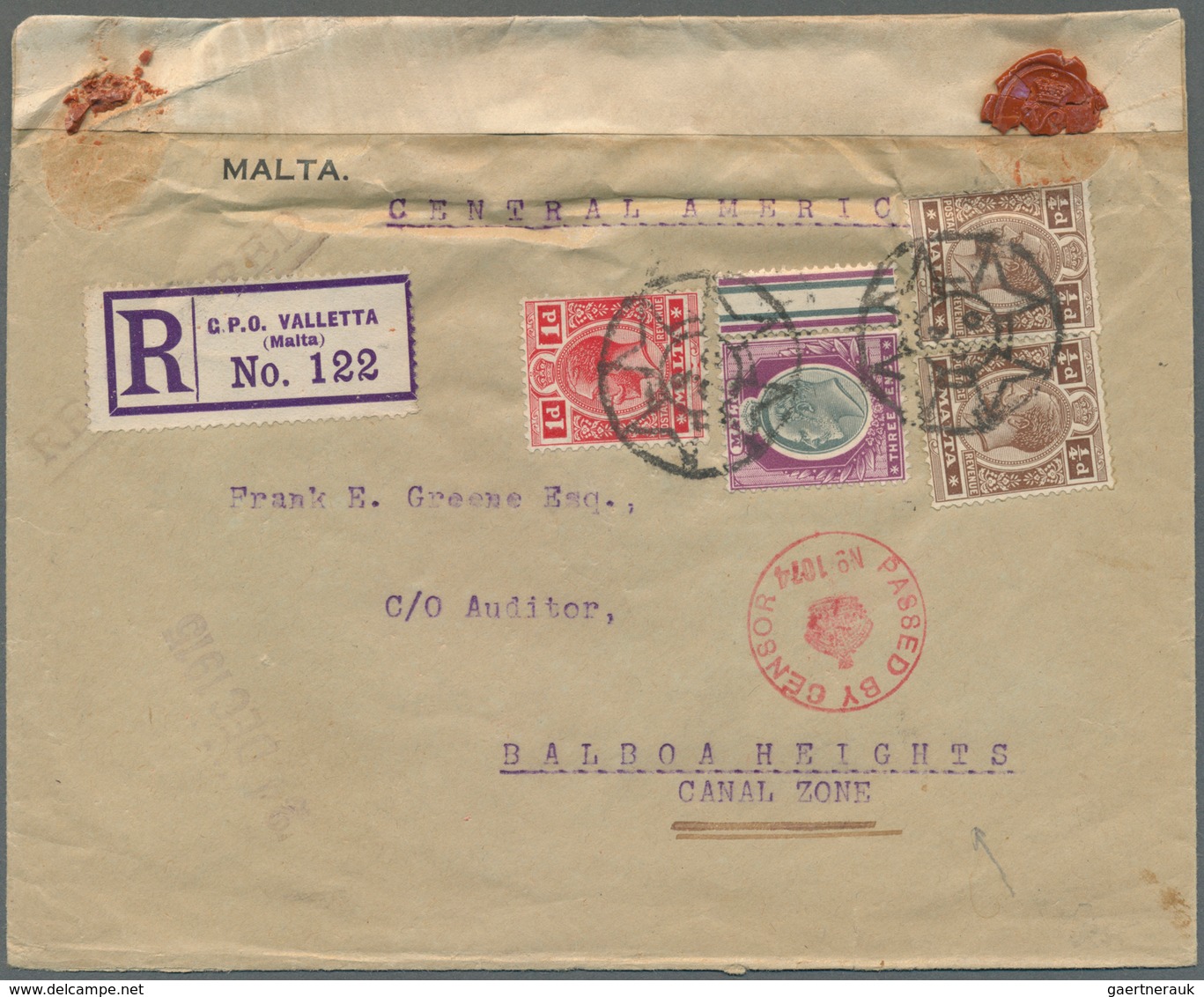 Malta: 1916, KEVII 3d With KGV 1/2d (2), 1d Tied Mute "star" To Registered Cover To Balboa/Canal Zon - Malta