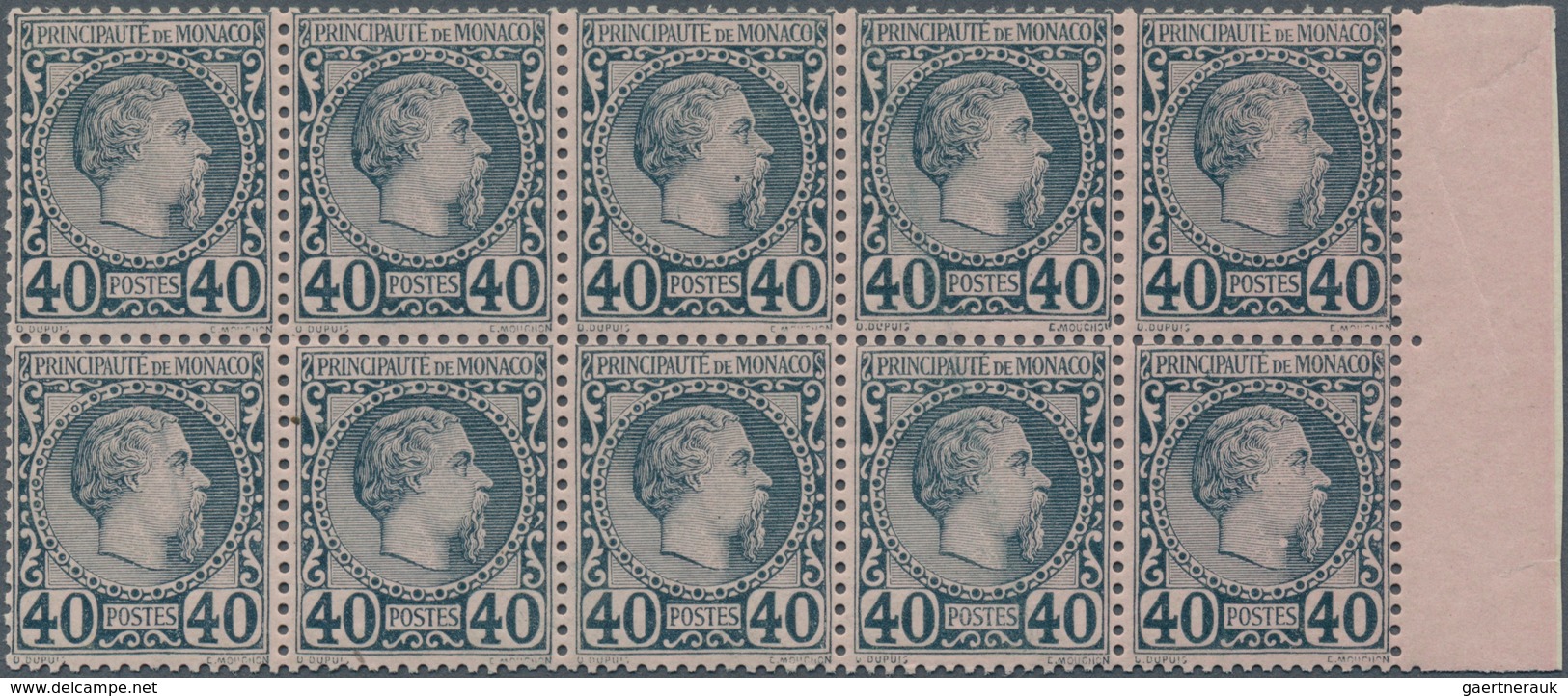 Monaco: 1885 Charles III. 40c. Blue On Rose, Right Hand Marginal Horizontal Block Of 10, Mint Never - Ongebruikt