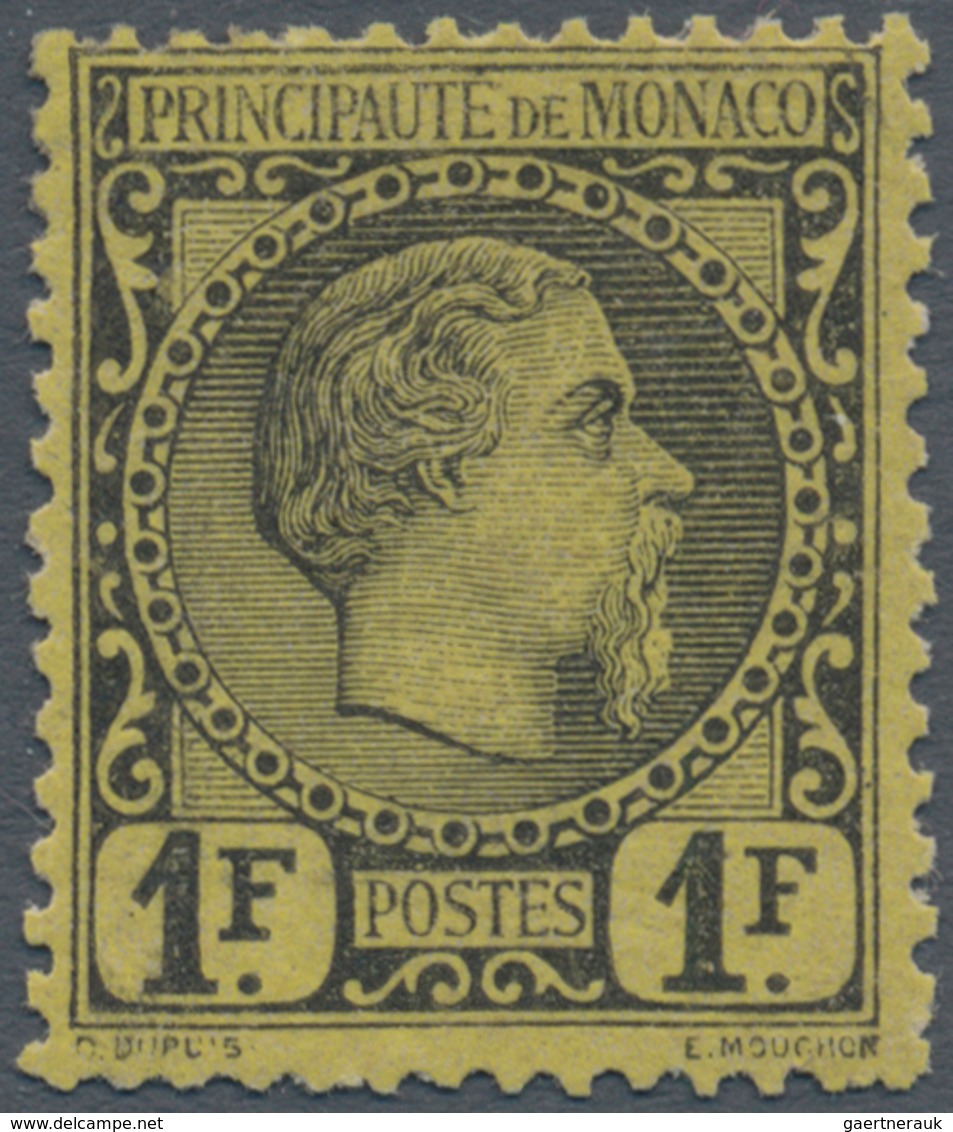 Monaco: 1885, 1 F Black On Yellow Charles III, VF Mint Hinged Condition. Certificate Raybaudi. CV €2 - Ongebruikt