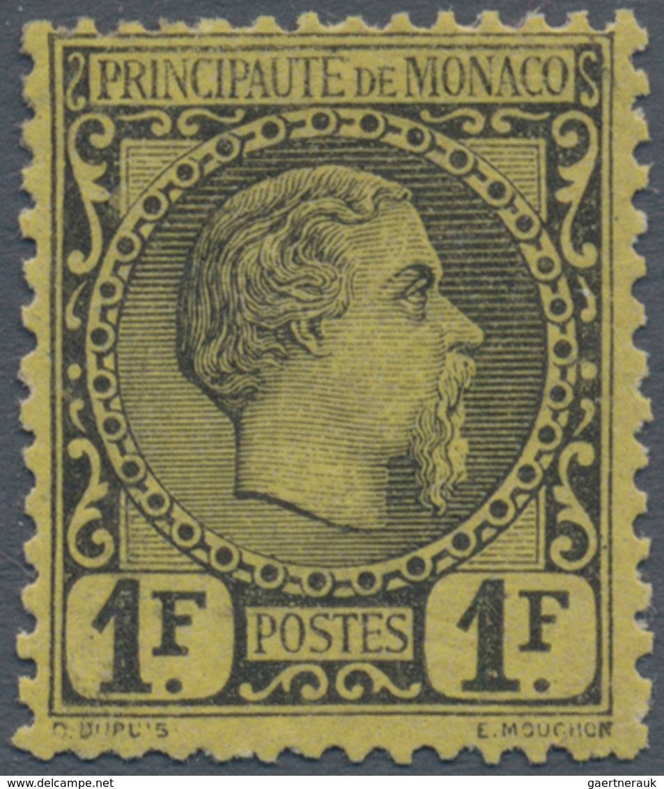 Monaco: 1885, 1 F Black On Yellow Charles III, VF Mint Hinged Condition. Certificate Raybaudi. CV €2 - Unused Stamps