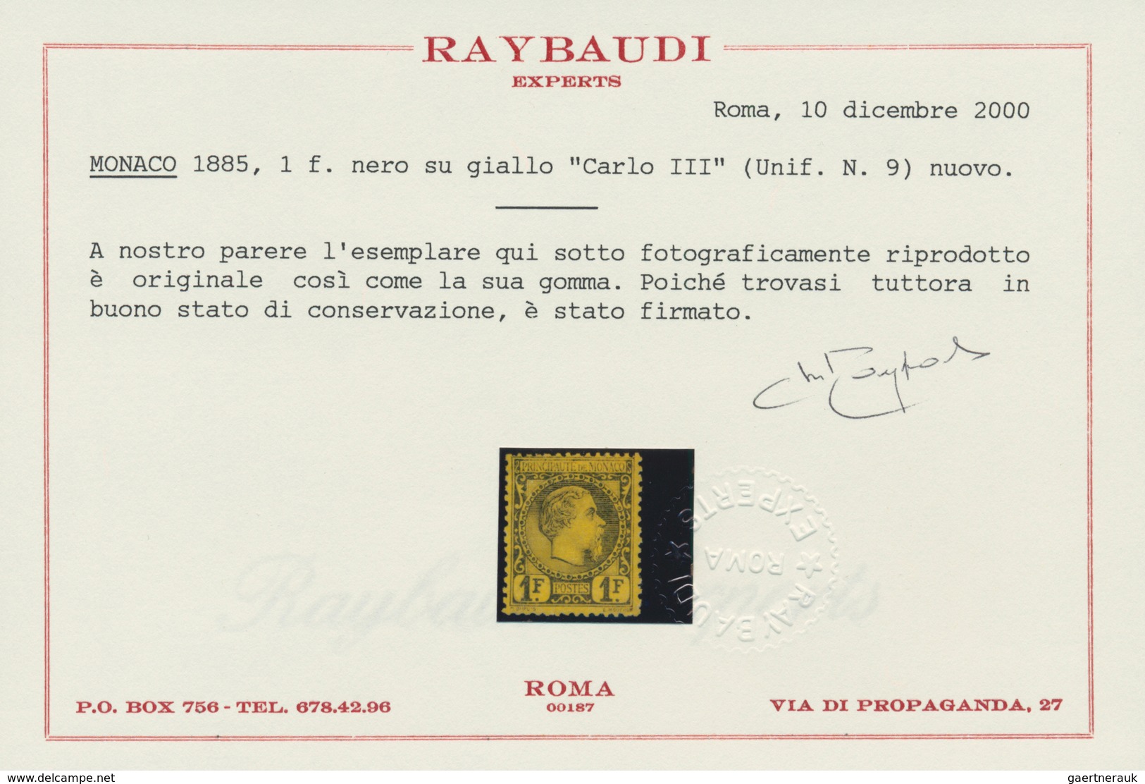 Monaco: 1885, 1 F Black On Yellow Charles III, VF Mint Hinged Condition. Certificate Raybaudi. CV €2 - Ongebruikt