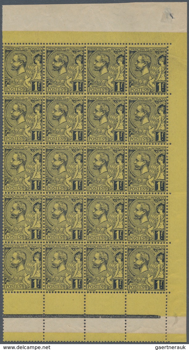 Monaco: 1891, Prince Albert I. 1fr. Black On Yellow Block Of 20 With Margins On Three Sides, MNH (tw - Ongebruikt