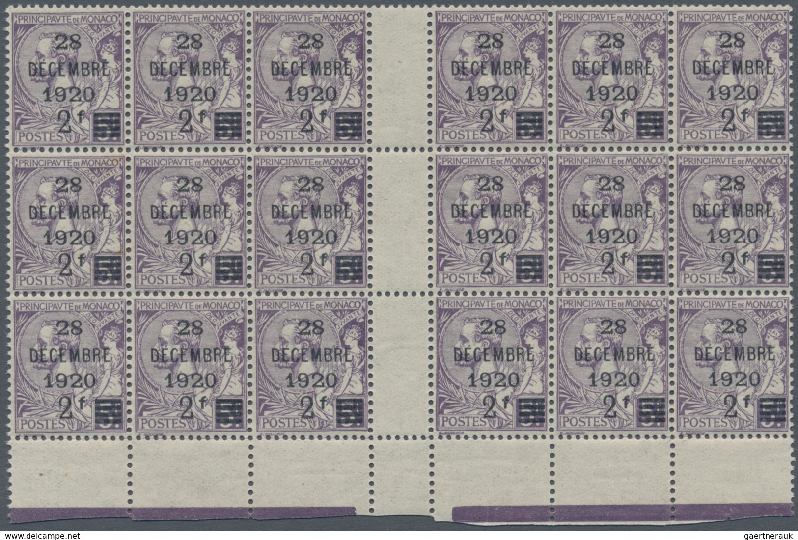 Monaco: 1921, Princess Antoinette 2fr. On 5fr. Violet (Prince Albert I.) Block Of 18 With Gutter Fro - Ongebruikt