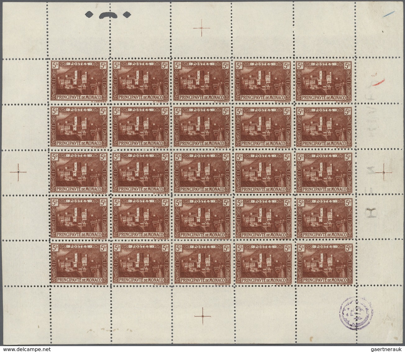 Monaco: 1922, Monaco Castle 5fr. Redbrown Complete (folded) Sheet Of 25 With Margins Around, Mint Ne - Unused Stamps