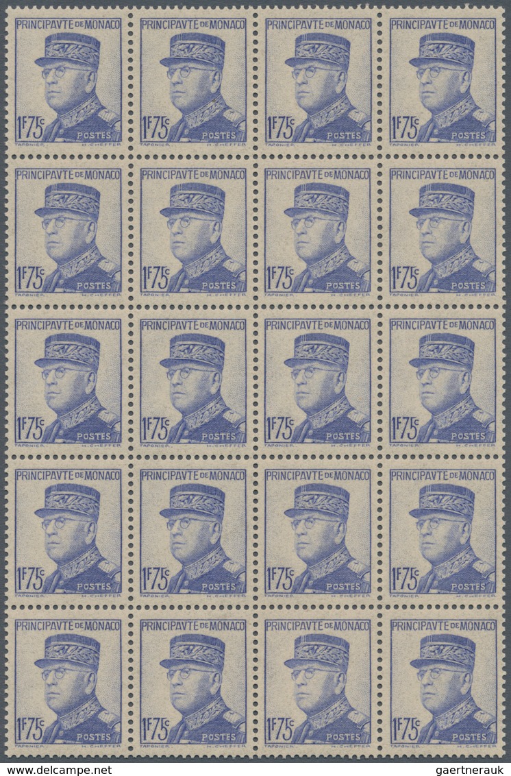 Monaco: 1938, Prince Louis II. As General 1.75fr. Ultramarine Block Of 20, Mint Never Hinged, Mi. € - Unused Stamps