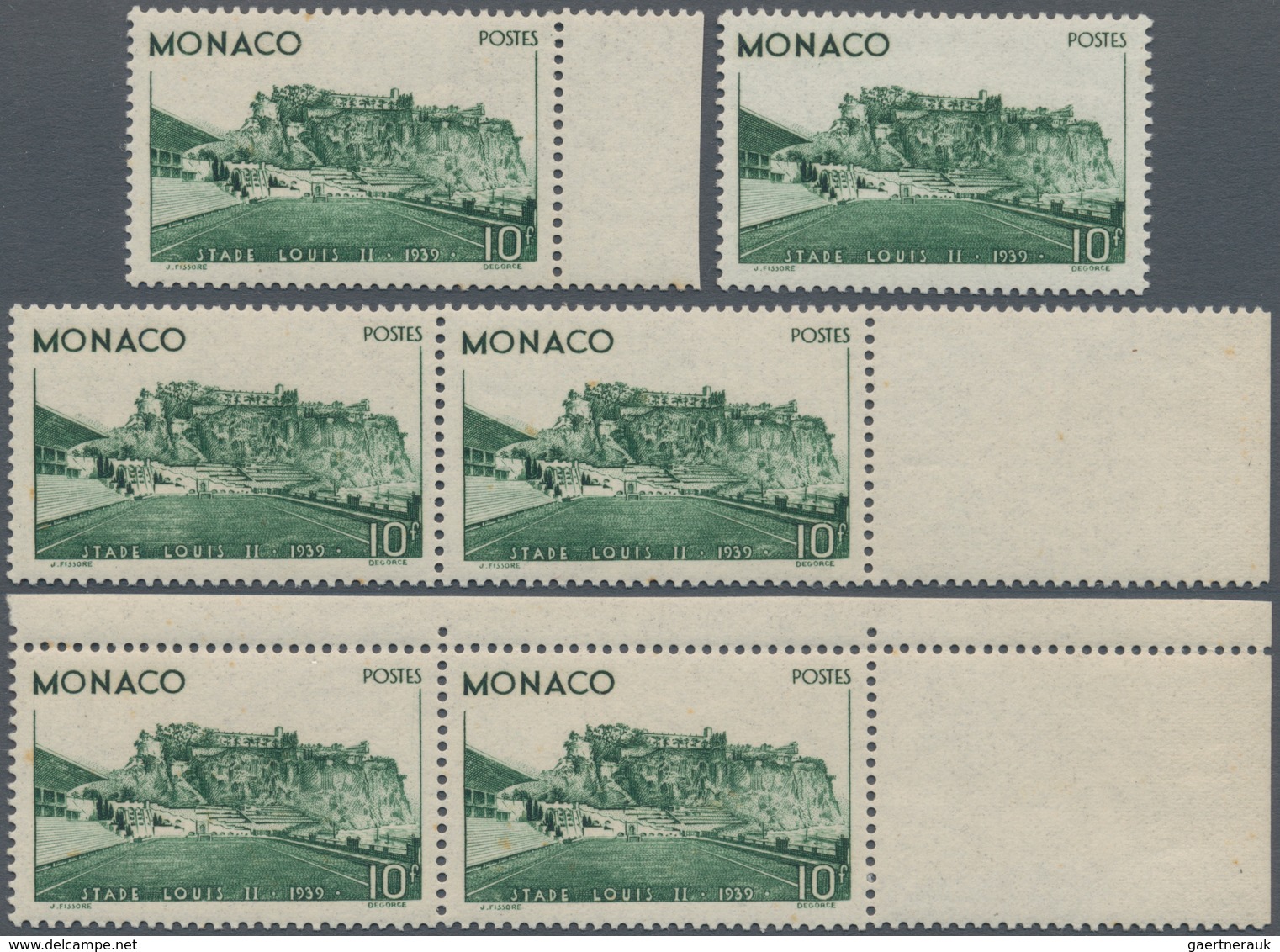 Monaco: 1939, Louis II. Stadium 10fr. Dark Green Six Stamps Incl. Two Singles And Two Horiz. Pairs W - Unused Stamps