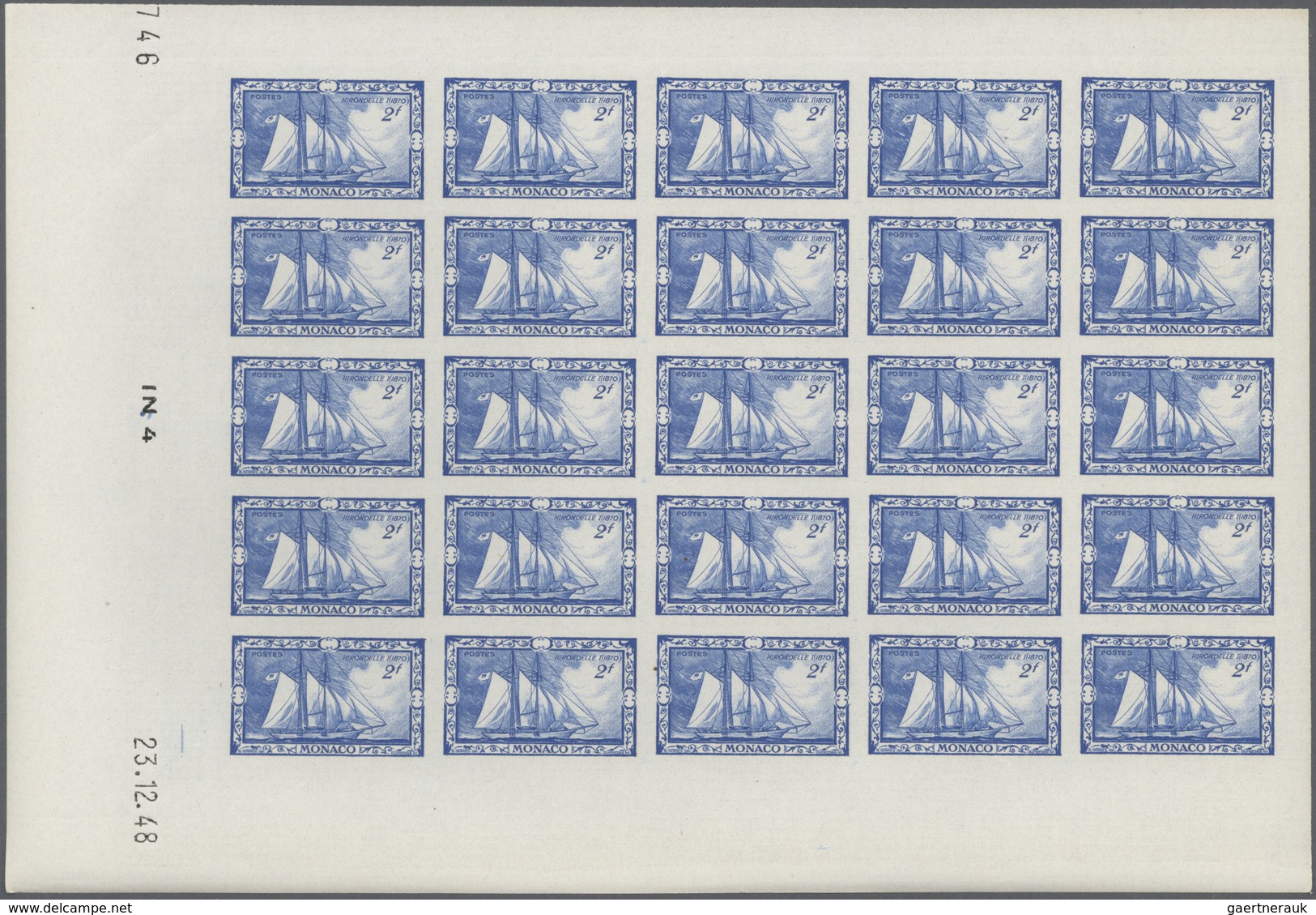 Monaco: 1949, 100th birthday of Prince Albert I. complete set of eight in IMPERFORATE blocks of 25 f