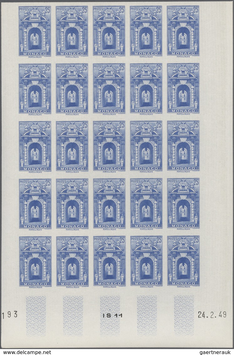 Monaco: 1948/1949, pictorial definitives complete set of 13 in IMPERFORATE blocks of 25 from lower m