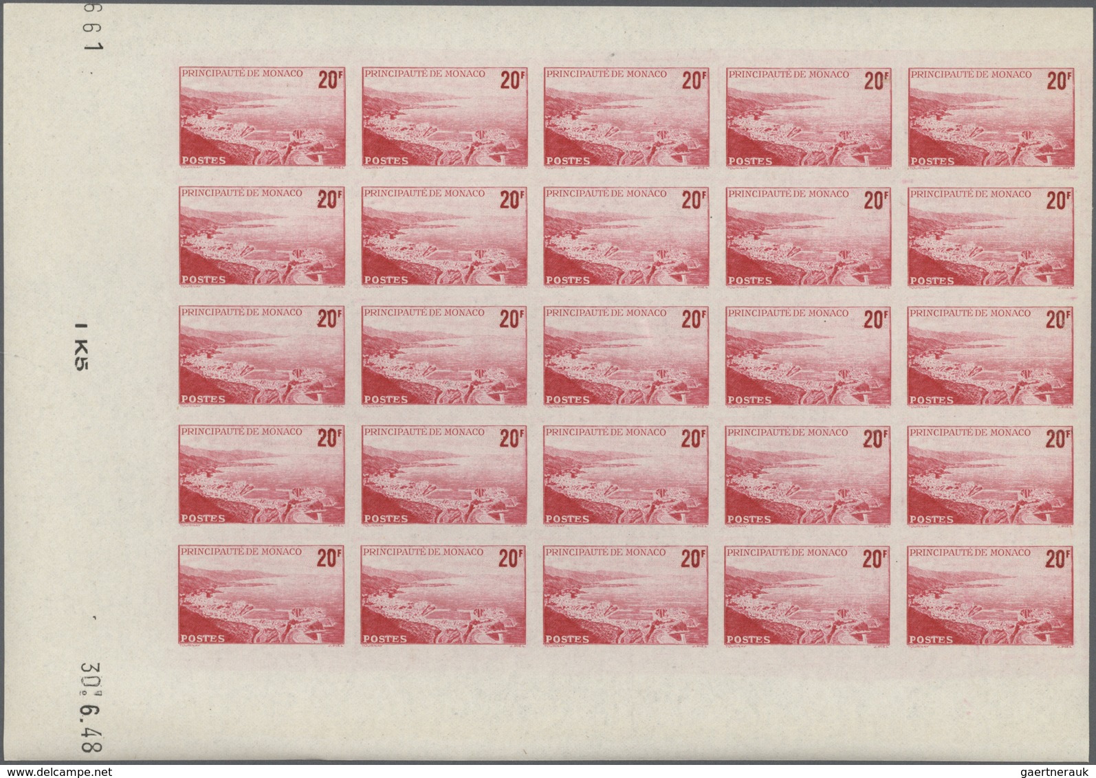 Monaco: 1948/1949, pictorial definitives complete set of 13 in IMPERFORATE blocks of 25 from lower m