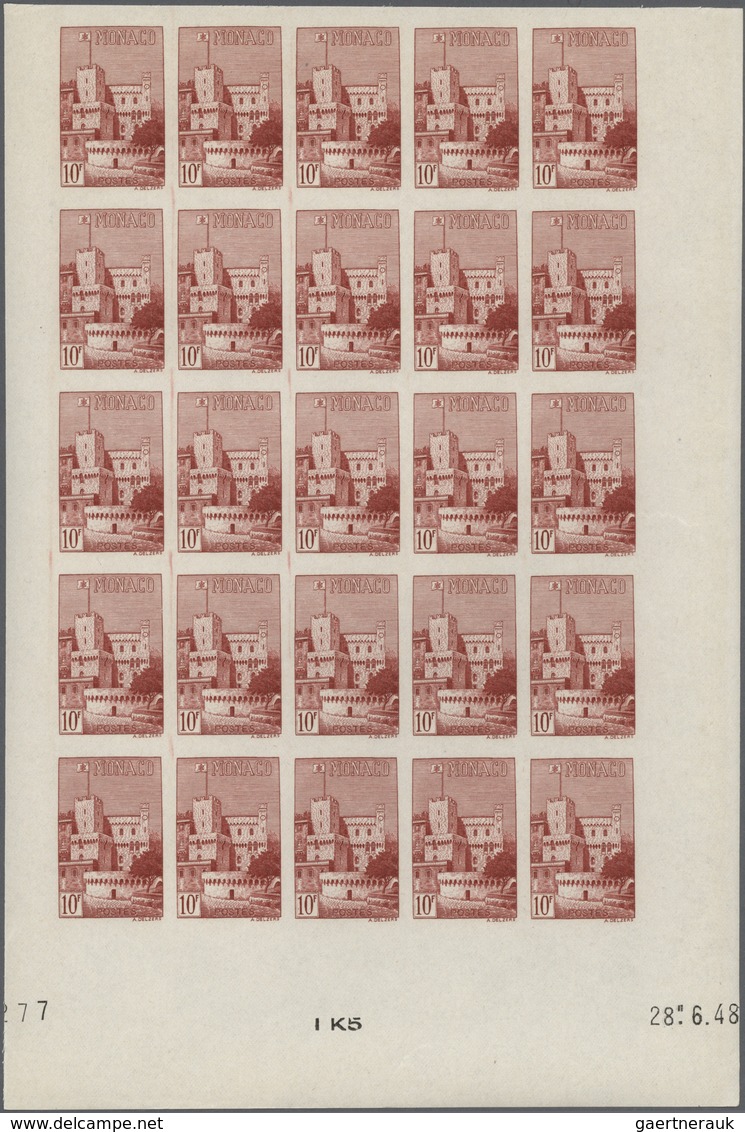 Monaco: 1948/1949, pictorial definitives complete set of 13 in IMPERFORATE blocks of 25 from lower m