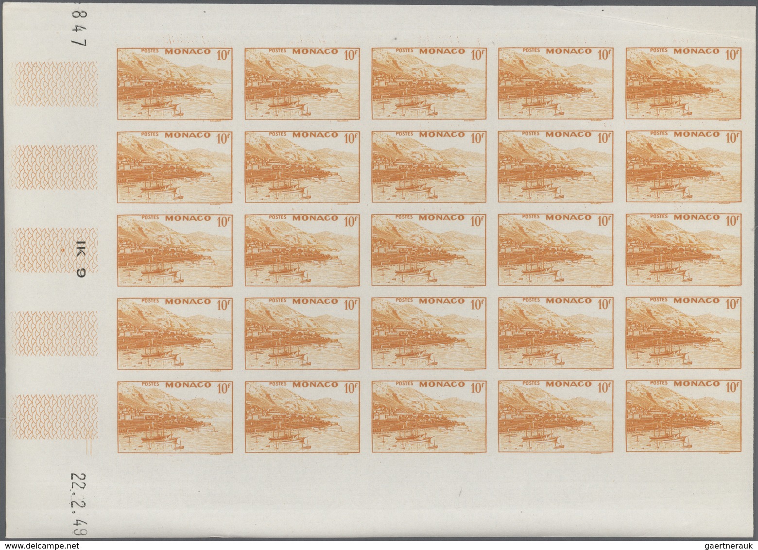 Monaco: 1948/1949, pictorial definitives complete set of 13 in IMPERFORATE blocks of 25 from lower m