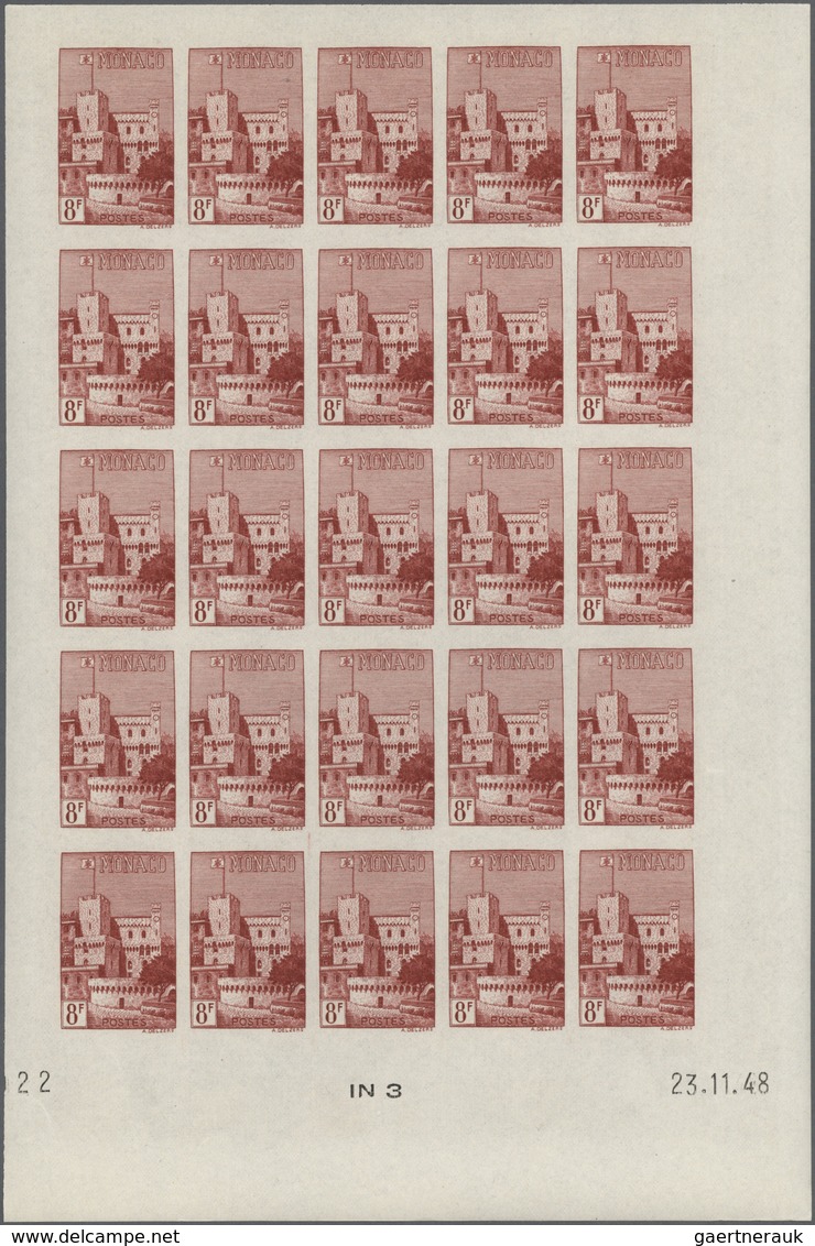 Monaco: 1948/1949, pictorial definitives complete set of 13 in IMPERFORATE blocks of 25 from lower m