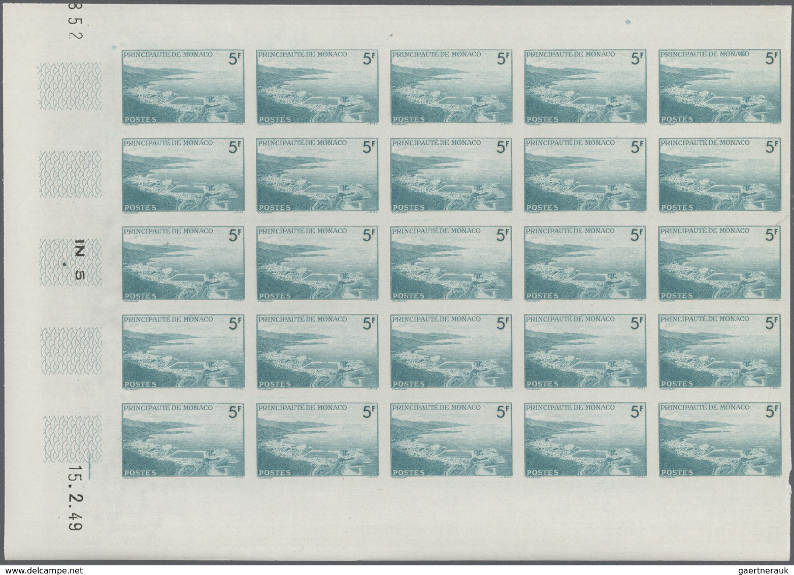 Monaco: 1948/1949, pictorial definitives complete set of 13 in IMPERFORATE blocks of 25 from lower m