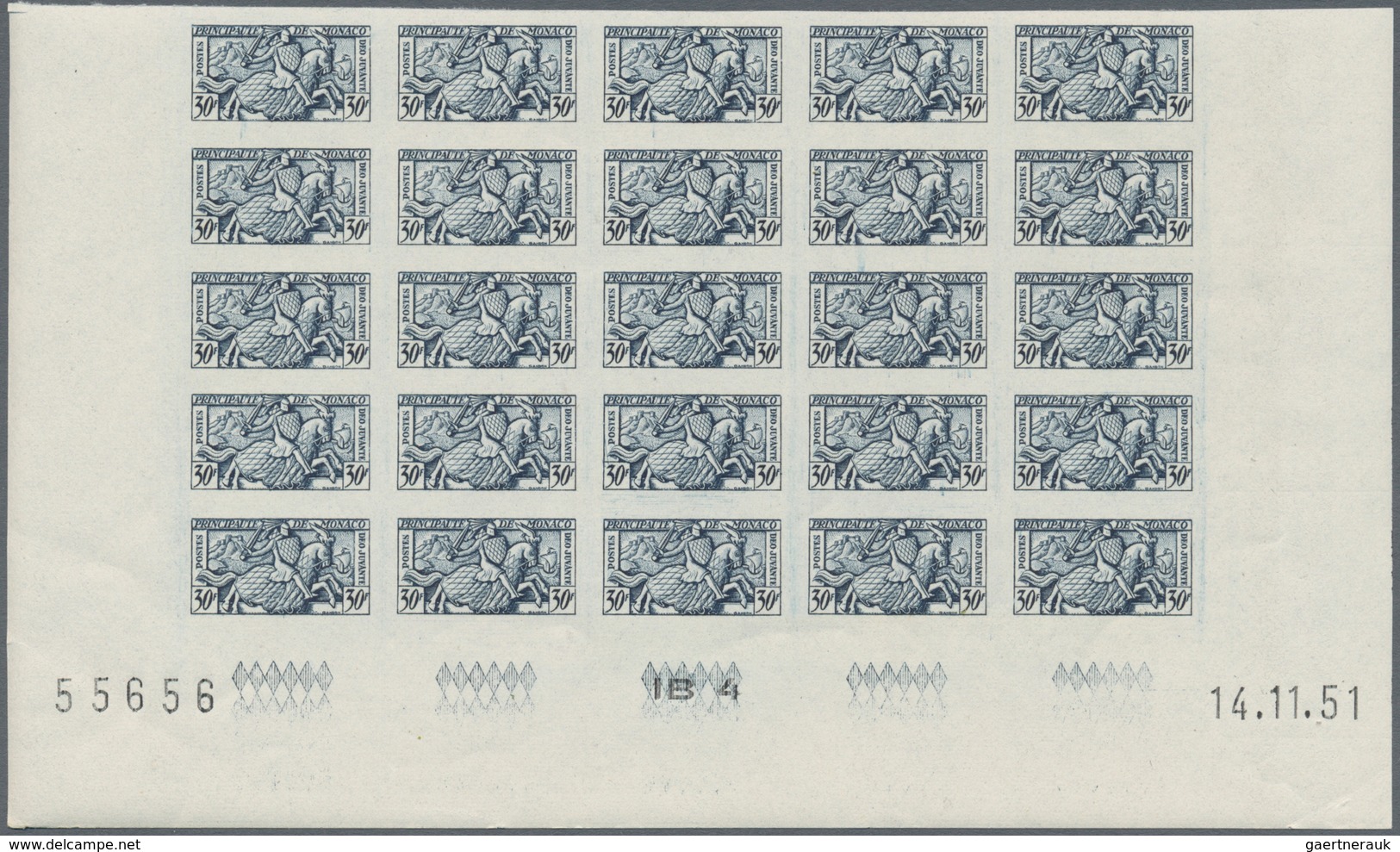 Monaco: 1951, Visiting Card Stamps Complete Set Of Five In IMPERFORATE Blocks Of 25 From Lower Margi - Ongebruikt